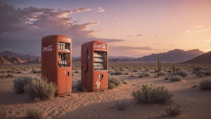 Style like Dee Does AI, The scene shows an old, iconic Coca-Cola vending machine standing alone in a vast desert under a serene twilight sky. The machine’s classic red color is slightly faded, with a vintage patina, highlighting its age and evoking a sense...