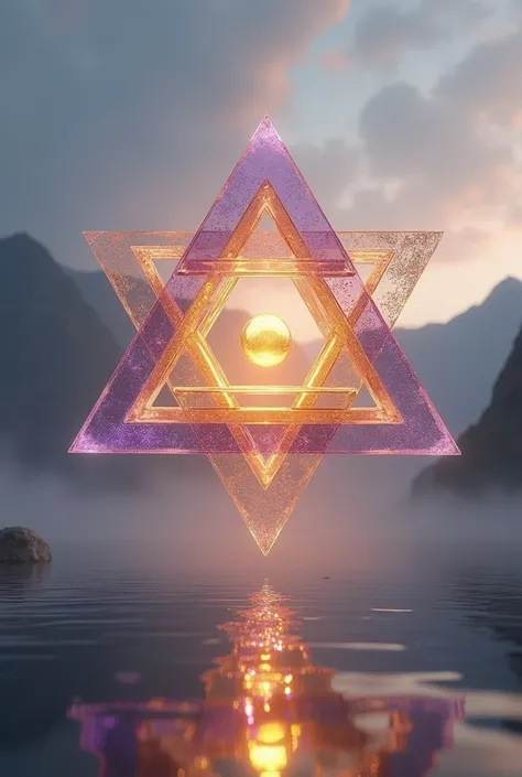 A sacred geometrical scene featuring a Merkabah formed by the overlapping of two translucent pyramids, one violet and one gold. These pyramids are intricately designed, with sharp edges and clean lines that highlight their geometrical precision. The violet...