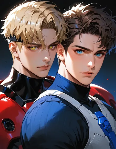 Two handsome, tall, muscular men, masculine, mature male, viewed from their front slightly to the left, wearing spartan armors, looking at viewer, one with a gentle expression and the other with a rude expression, in a dark room lit by the blue moonlight c...