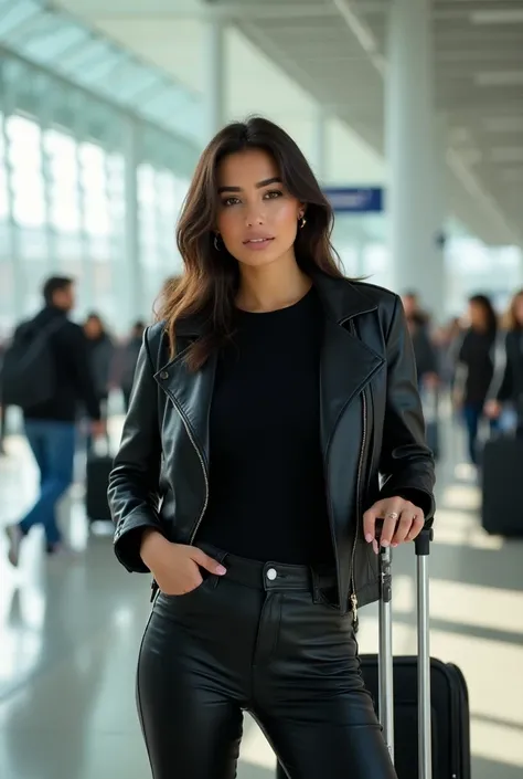 A young Argentinian brown woman wearing a black leather jacket ,  black t-shirt , black leather pants and travel suitcase taking a selfie inside an airport, Sunny atmosphere