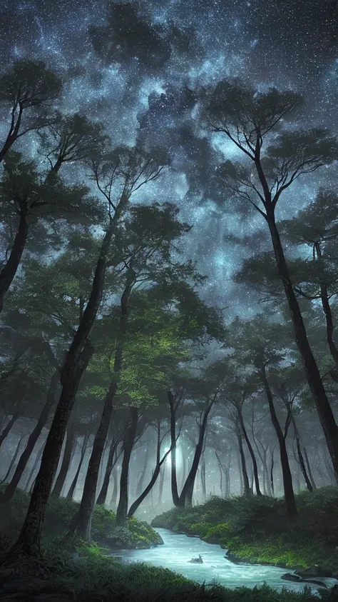 Forest with river starry sky and a gray alien peeking out of a tree