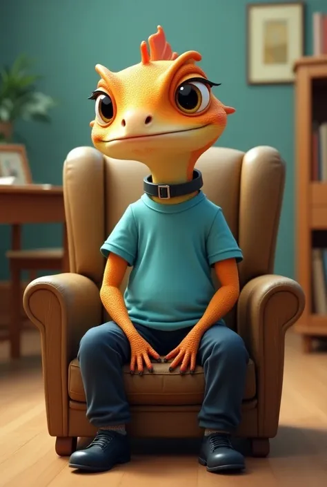  animated iguana collar with long dark blue school pants,  light blue t-shirt with ,  black shoes, sitting in school armchair 