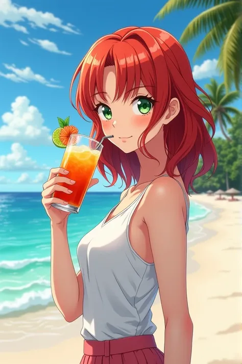 Femme caucasienne aux cheveux mi longs ondulés de couleur red cherry coca, se tient sur une plage en sirotant un cocktail. Image de style manga