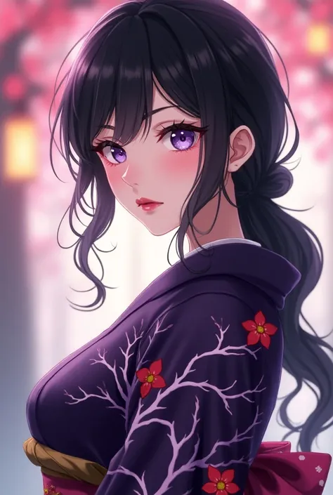 Anime woman with lavender eyes framed by long eyelashes, notably red lips in contrast to her pale complexion and long black hair worn tied in a low ponytail with a few loose strands left to dangle over her face. She has a curvaceous and slender figure with...