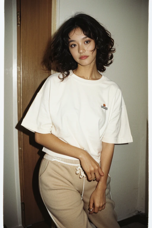 1978 fashion shoot, backlit, 24mm, flash on, faded scratched polaroid, Hard flash. A woman with a coffee-colored skin tone with short wet curls reaching past her chin in an oversized style , oversized white crew neckline short-sleeve T-shirt and mocha jogg...