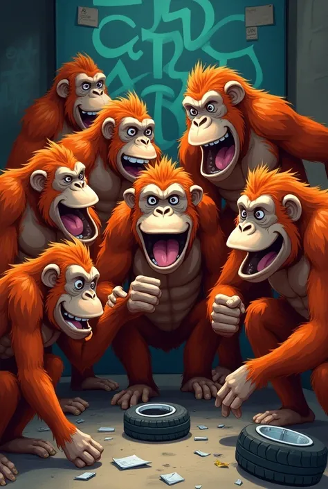 Cartoon orangutans in a gang
