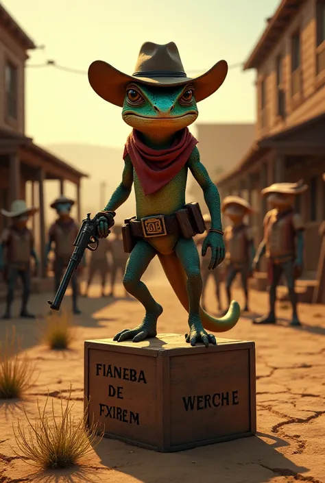 **Prompt:**

**Scene:**
- **Foreground:**
  - A detailed, lifelike chameleon with a cowboy hat, bandana, and a holstered revolver. The chameleon is standing confidently, one foot on a wooden crate. The crate has a weathered, rustic texture and is inscribed...