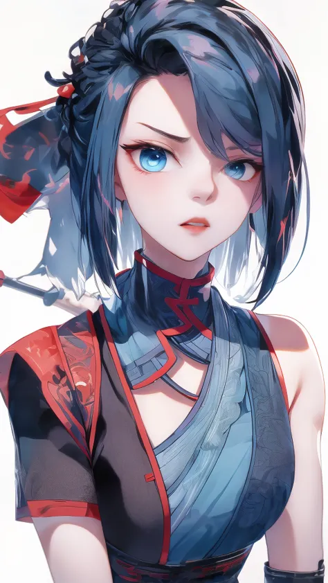 Masterpiece, Best quality, 1 Ji Ruxue, the expression is cold, strong, blue eyes, short hair, wolfcut hairstyle, smoky mix blue color hair, resolute eyes, red lips, simple Taoist Taoist uniform, Chinese mix morden, frontal photo, black or white background,...