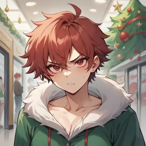 A red head, red eyes, mature tomboy in a christmas outfit. She is a scowl oon her face. Setting: mall