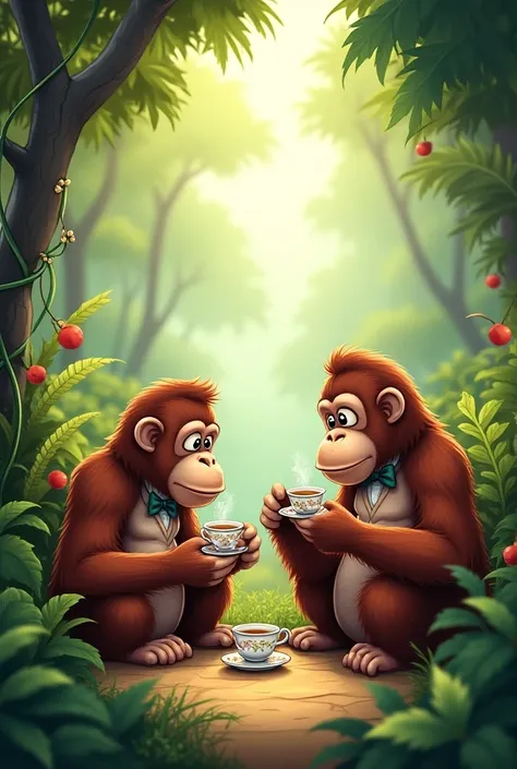 Cartoon orangutans sipping tea
