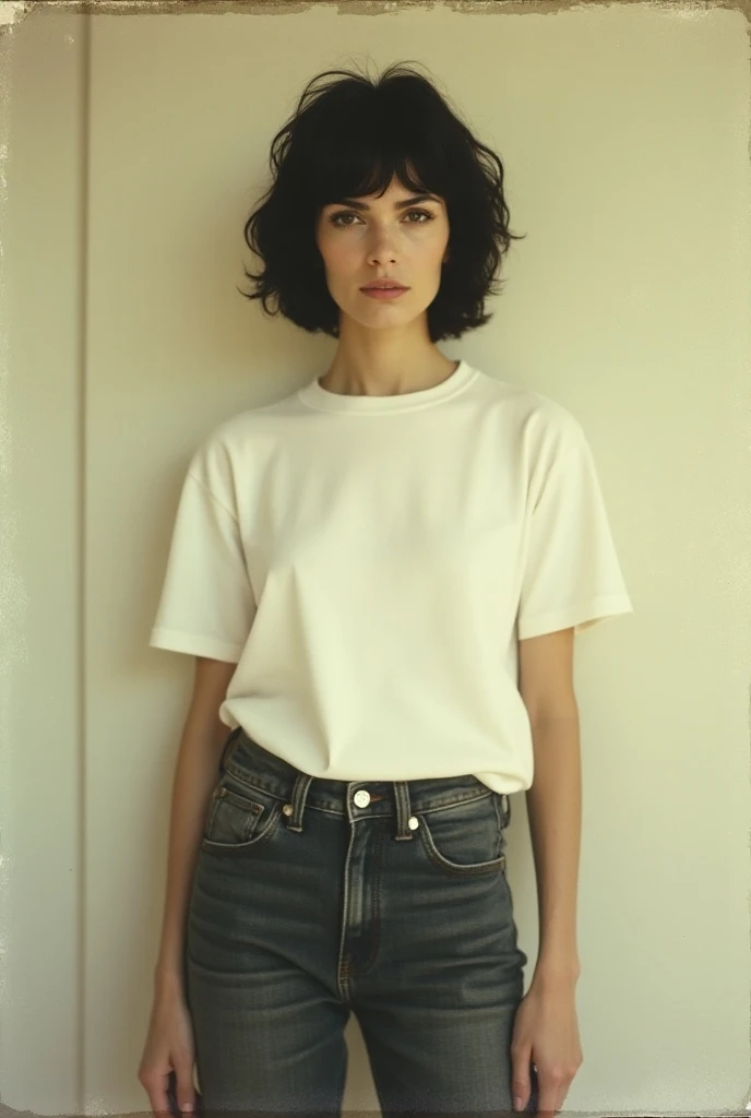 1978 fashion shoot, backlit, Monica Bellucci, short hair, 24mm, flash on, faded scratched polaroid. She wears an oversized white crew neckline short-sleeve T-shirt and dark-washed denim jeans. taken from a front angle. plain wall background