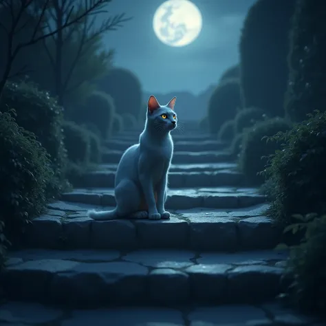 On a moonlit night, a cat sits quietly on a stone step, staring into the distance with bright eyes. The stone steps were dyed silver white by moonlight, and the surrounding environment was shrouded in darkness. The cats figure appeared particularly  and my...