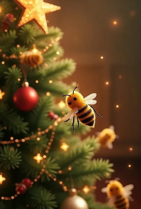 Little Christmas bees flying over Christmas tree