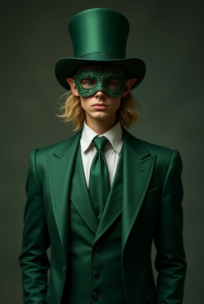  Tall half-elven man wearing a green top hat and elegant green suit ,  a mask with subtle green details where only his blue eyes can be seen, medium-length blond hair and looks scared and sweating a little out of fear