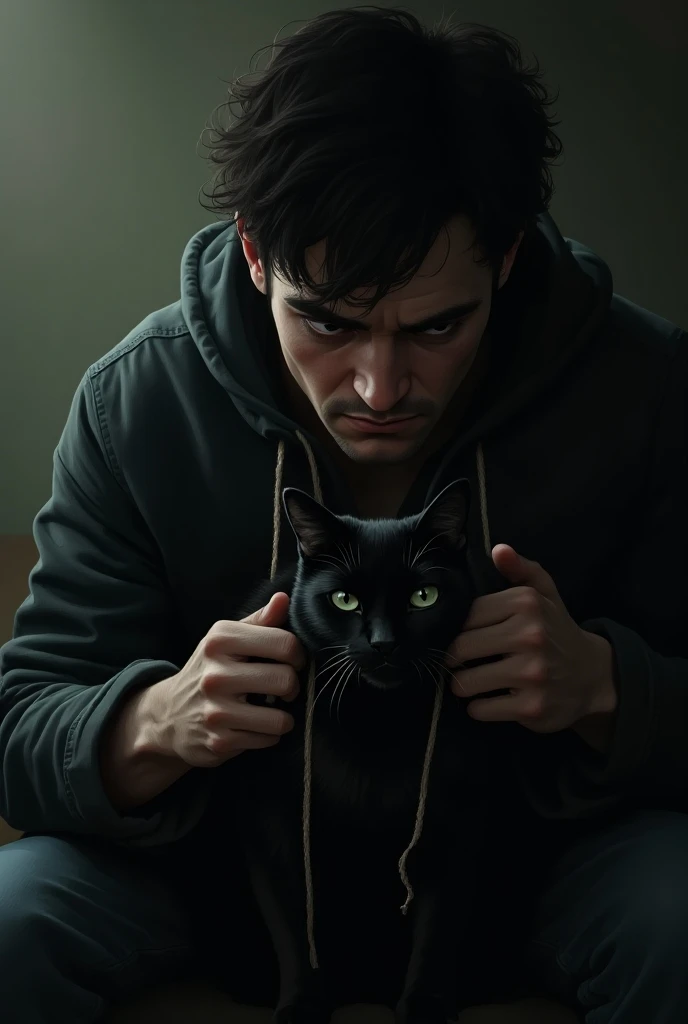 Image of Rupertino  (25 year old young man) In a cold urge he decides to tie a rope around the neck of the black cat in his house

