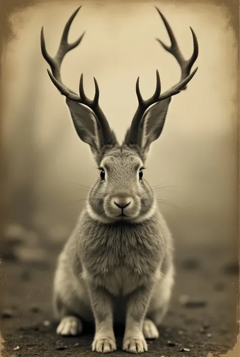 Photograph of a rabbit with horns :  A manipulated or ancient image of a rabbit with deer antlers,  suggesting that Jackalope actually exists .