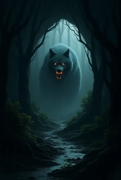 gloomy mood , ghostly forest in the rain with fog and glowing animal eyes with thick bushes and a cave opening in the middle    , in the cave opening, a wolf beast lurks in the dark where only the outlines of the face with the beasts mouth and fangs open i...