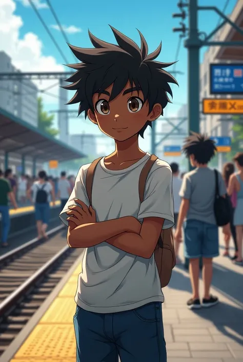 Anime black boy  black hair with brown eyes standing on a train 