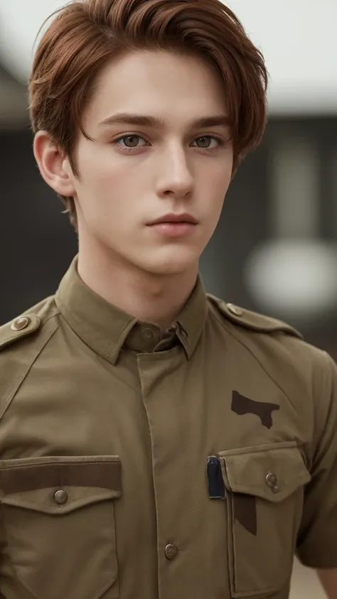 1 boy.  England man. brown red hair. Yellow Eyes. detail face. Handsome boy. Solo boy. Militer boy. Masterpiece 