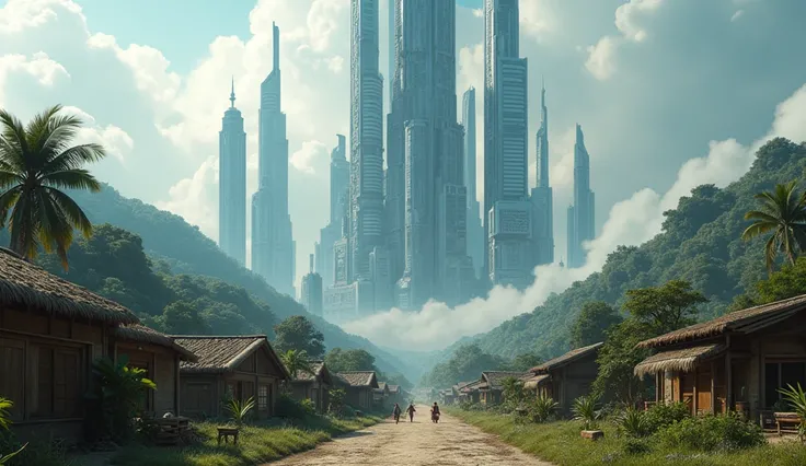 a glittering city filled with skyscrapers sitting above an apparently less technologically advanced village. What sort of stories take place at the intersection of these two cultures, futuristic image, cloudy sky, UHD, ultra-realistic, high details, high r...