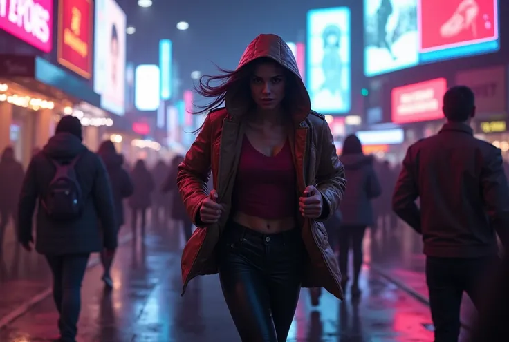 Ava running through the neon-lit streets: She dashes through a crowded street filled with futuristic fashion, holograms, and hovering vehicles. Her hood is pulled low, trying to blend into the bustling crowd while holographic wanted posters appear on digit...