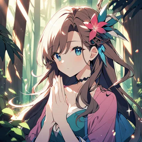 1girl,aerith gainsborough,final fantasy, Looking at the camera, half body, praying, hands together, in a magical forest, in the morning, very aesthetic, light, sunlight, soft shadows, slight cleavage.