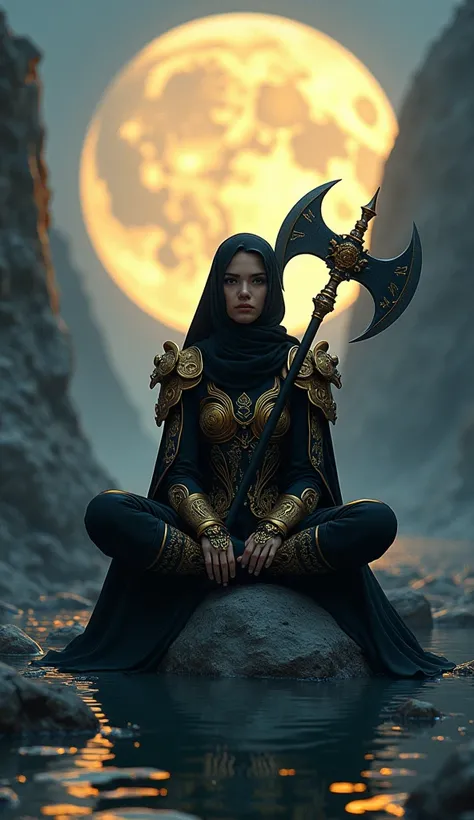 A young woman in fantasy warrior attire with highly detailed gold and black robes, sitting cross-legged on a large rock, wearing a black hijab that harmonizes with her ornate armor, creating a unique blend of strength and softness. Her warm, gentle express...