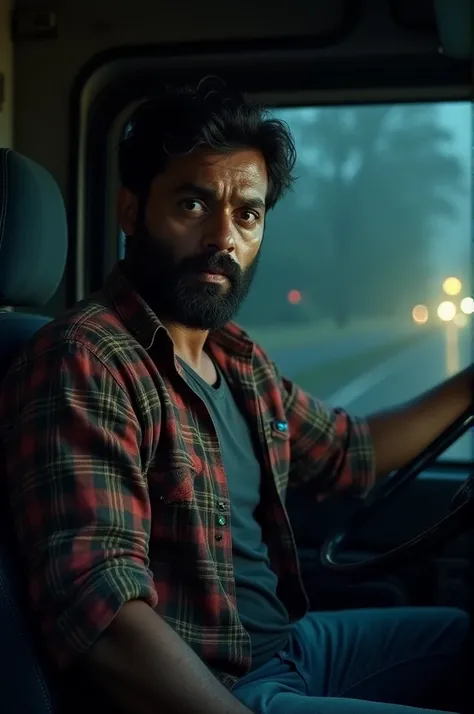 Raghu: A middle-aged man, around 40, with a rugged face and slightly unkempt dark hair. His skin is tanned and weathered from years of truck driving. Raghu wears a worn-out, plaid flannel shirt in shades of red and brown, over a dark grey undershirt. His j...