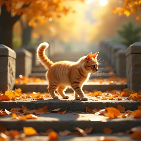 The stone steps in autumn are covered with golden fallen leaves, and a cat strolls among them, occasionally stopping to play with the leaves with its paws. The trees on both sides of the stone steps have changed into autumn clothes, and the cats figure app...