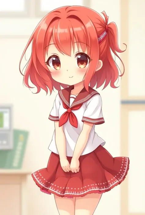 Make a Japanese  cute anime girl
Make red hair with white shirt and red skirt with white pattern school uniform 