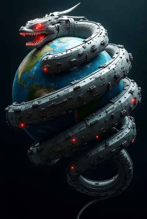 A snake around the whole planet dressed in cyborg 