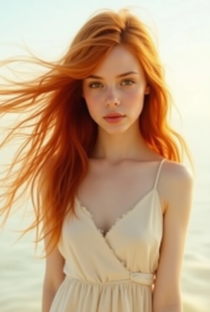 Red hair in the wind with a whitish background