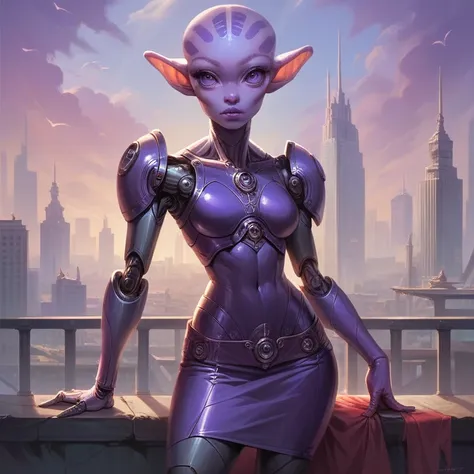  masterpiece ,  best quality ,  ultra high resolution , realistic leather texture, Female alien, sexy,  tight clothing,  white and purple theme,  cybernetic armor , Tunica, city, metallic skirt, Psionic Powers , big head, legs forked, Pose with your legs 