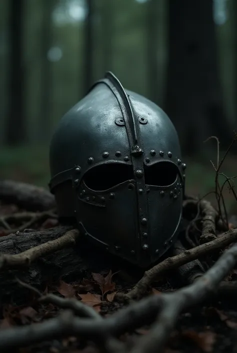 .Ancient helmet :  A photograph of a medieval knights helmet ,  found in a dark forest ,  as if it were a vestige of the Headless Horseman.