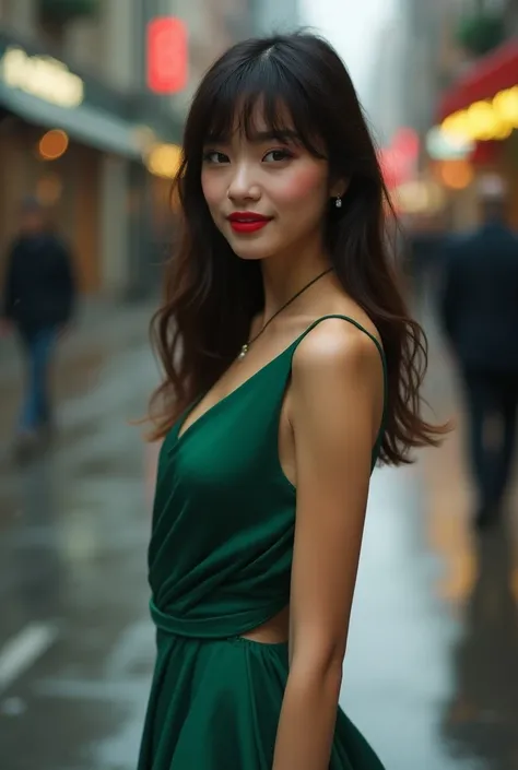 Beautiful young girl, 23 years old, dark brown hair with bangs, seagreen eyes, wearing a stunning greenish party dress, light make up, red lips, wearing black high heels, walking upon a street, wet after rain background.