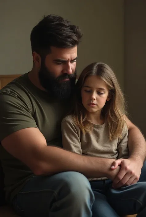 Father with dark hair and beard with teenage daughter on lap