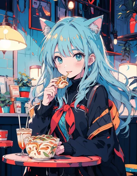 Udon, eating, smile, 4K, cat ear, pale skin, medium breasts, aqua colored eyes, blue and aqua color hair, masterpeice, high quality illustration, digital art,