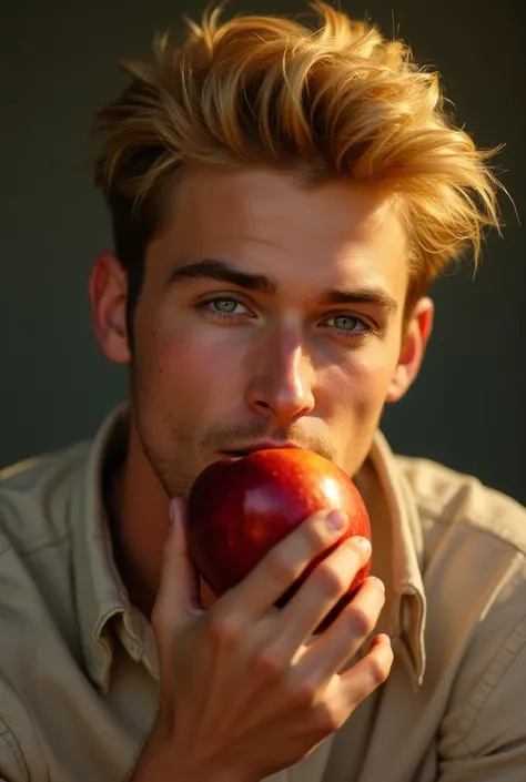  Jordan Barret with attractive yellow hair, Handsome and handsome eating an apple , half body