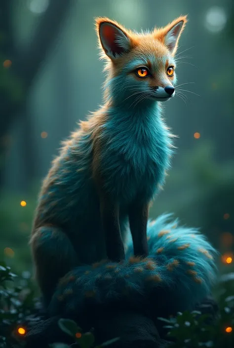 A beautiful hybrid creature, a fox and peacock combined, mystical and enchanting, extremely detailed, intricate feather patterns, glowing golden eyes, long bushy tail, vibrant iridescent plumage, ethereal and otherworldly, cinematic lighting, photorealisti...