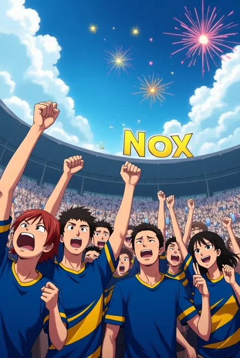 Many men and women in anime wearing the blue t-shirt with yellow stripes with a lot of style in La Barra from the grandstand cheering on their team in a great game and a lot of fireworks, anime and the word Nox. 