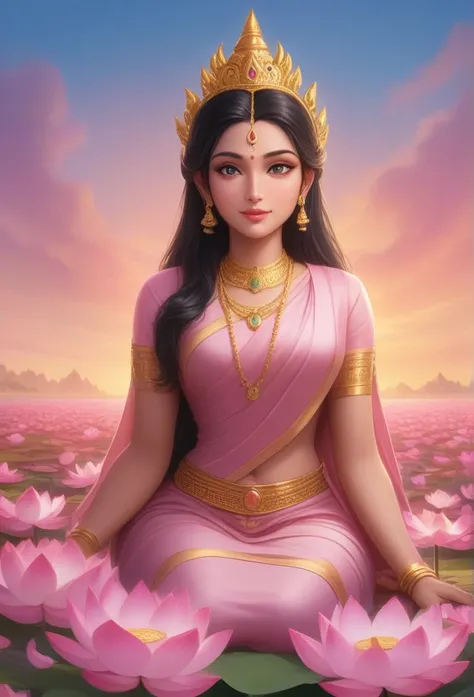 a highly detailed and realistic digital portrait of Phra Lakshmi, a beautiful young woman with glowing skin and intricate facial features, sitting amidst a vibrant field of lotus flowers, with a dreamy, ethereal atmosphere, Disney Pixar art style, 8k, high...