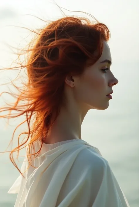 Dark red hair in the wind, in profile with a whitish background cover size