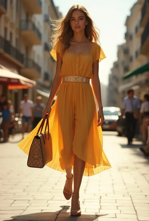  young girl walking down the street ,  very optimistic and self-confident , She carries a beautiful Gucci dress ,  colors in her clothes warm and clear ,  shape of the young girl with good lines