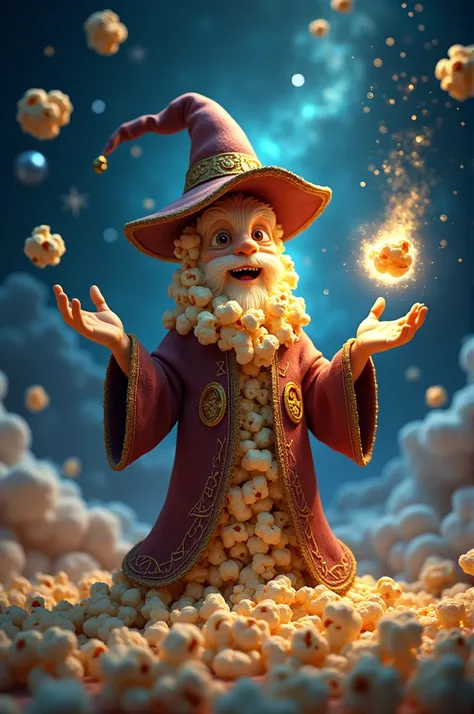  A popcorn in a wizards robe and hat ,  throwing magic dust that becomes mini scenes from movies of different genres (adventure, comedy, terror). It could have a background of stars and galaxies .