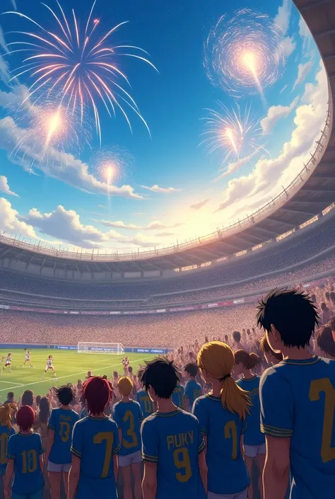 Many beautiful men and beautiful women goddesses in anime with the blue t-shirt with yellow stripes with a lot of style in La Barra from the grandstand cheering on their team in a great game and lots of fireworks anime and the word Nox 