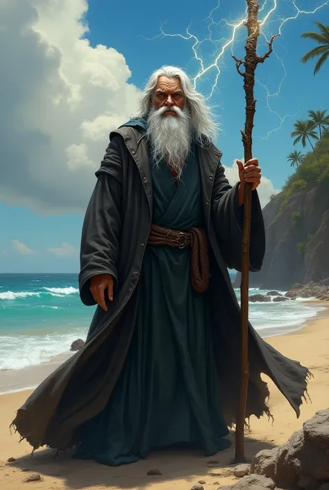  Wizard with a staff with his eyes pouring out thunder with a serious face,  and a sentence written below "  on a trip involving the beach ... WELINGTON takes up the rod  