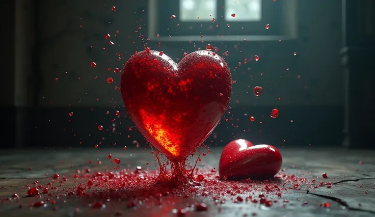 o Heart de vidro cai,  free fall at high speed ,  movie scene , cacos, broken, cracked glass, cracks, cracked, close-up de um Heart de vidro,  falls to the ground and explodes with red paint in the air , close-up de queda livre de um Heart de vidro explodi...