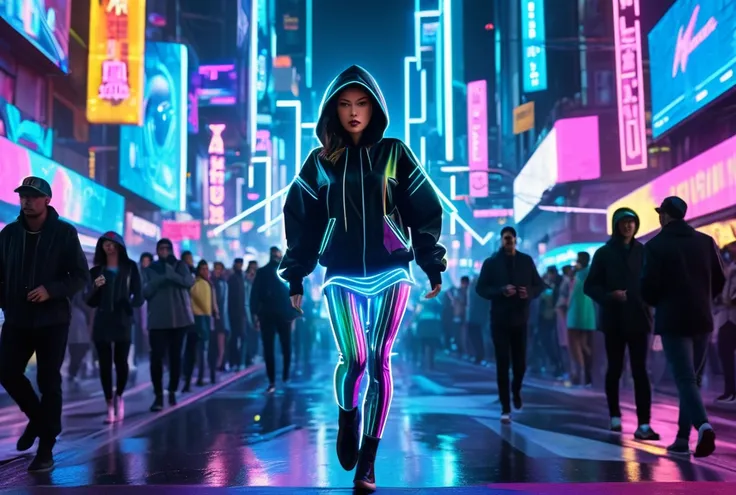 Ava running through the neon-lit streets: She dashes through a crowded street filled with futuristic fashion, holograms, and hovering vehicles. Her hood is pulled low, trying to blend into the bustling crowd while holographic wanted posters appear on digit...