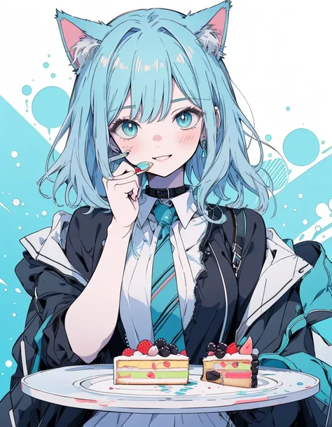 cake, eating, smile, 4K, cat ear, pale skin, medium breasts, aqua colored eyes, blue and aqua color hair, masterpeice, high quality illustration, digital art,