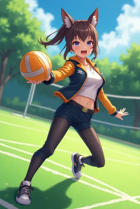 a girl wearing an anime boy cosplay on the volleyball court